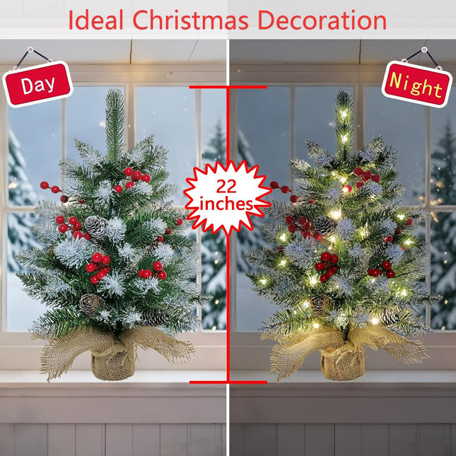 Small Christmas Tree, 22 Inches Artificial Tabletop Christmas Tree with 50 Lights,Snow Flocked Mini Xmas Tree with Pinecones Berries Wood Base for Christmas Decorations Indoor Home Decor