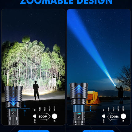 Super Bright Rechargeable LED Flashlights 5000.000 High Lumens, Flashlights High Lumens Up to 25H Long Battery Life| Zoomable| 5Light Modes| IP67 Waterproof, High Powered Flashlight for Camping Home