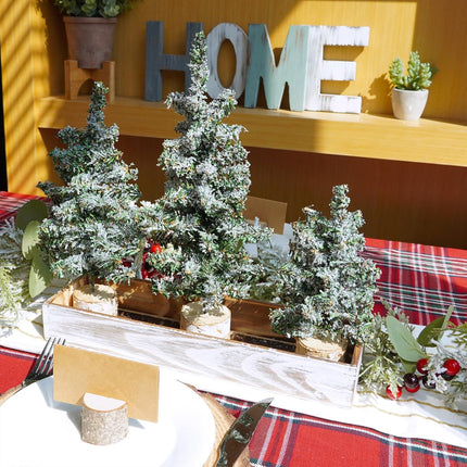 Winlyn Set of 3 Mini Snowy Artificial Canadian Pine Christmas Trees with Wood Bases Small Tabletop Christmas Trees in Rustic Wood Planter for Christmas Winter Table Centerpiece Holiday Decorations