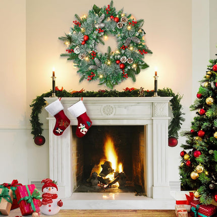 24in Christmas Wreath with Lights, Pine Cone Wreath Lighted Christmas Wreaths Winter Wreath with Pine Cones, Berries Ball Ornaments and Pine Branch for Door Window Mantle Christmas Decoration Wreaths