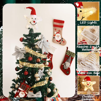 Christmas Tree Star Topper: 16.4ft Christmas Tree Ribbon Lights and Smiley Star Tree Topper with Santa Hat - Glowing Christmas Decorations for Christmas Trees