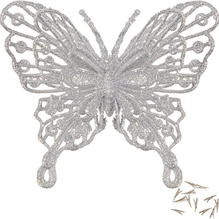 12 PCS Glitter Butterfly Christmas Tree Ornaments, Hollow-Out Butterfly Christmas Decoration with Clips, Craft Xmas Ornaments, Christmas Tree, Wreath, Garland, Home Decorations, Silver