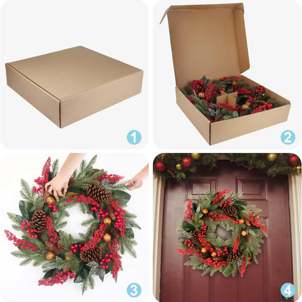 24 Inch Christmas Wreath Green Leaves Wreath for Front Door Artificial Eucalyptus Wreath with Berry and Pine Branches Christmas Decorations Indoor and Outdoor