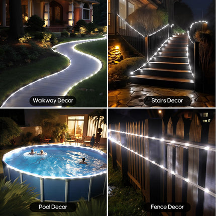 ICRGB Solar Rope Lights, 39FT 120LED Outdoor Solar Christmas String Lights, IP67 Waterproof Outdoor Lights with Remote, 8 Modes & Timer, Solar Lights for Outside Patio Porch Garden Pool Decor, White