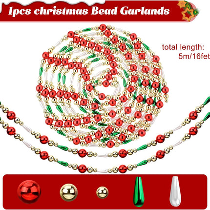 16 ft Christmas Garland Christmas Bead Garland Plastic Bead Christmas Tree Decor Beaded Garland for Xmas Party Supplies Holiday Favors Farmhouse Wall Staircase Fireplace Hanging Ornaments