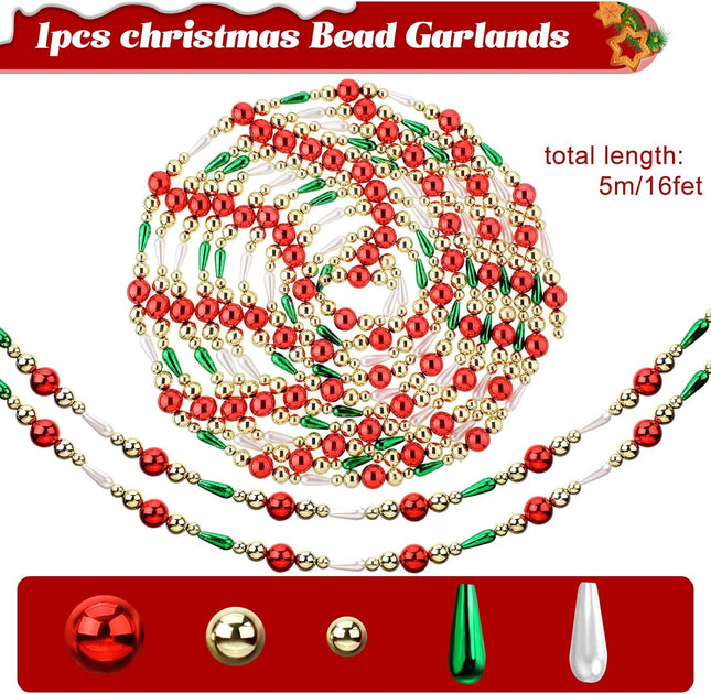 16 ft Christmas Garland Christmas Bead Garland Plastic Bead Christmas Tree Decor Beaded Garland for Xmas Party Supplies Holiday Favors Farmhouse Wall Staircase Fireplace Hanging Ornaments