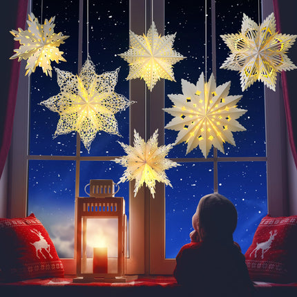 Mudder 10 Pcs Snowflake Paper Lantern Paper Star Lantern with 14 LED Light Paper Lamp Frozen Party Hanging Decoration for Christmas Weddings Year Birthday Holiday Celebration, White