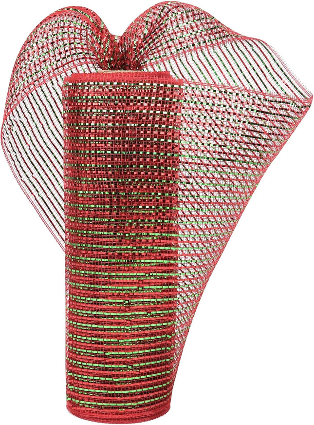 HUIHUANG Red and Green Deco Mesh 10 inch Roll Red/Lime Green Christmas Color Metallic Decorative Mesh Ribbon for Wreaths, Christmas Tree, Swags, Garland, Bows Crafts, Home Decor-10 Yards