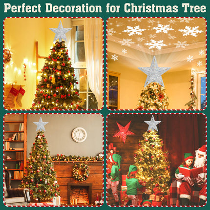 LED Rotating Tree Topper Light Projector with 6 Slides - Silver Christmas Star for Tree Decorations