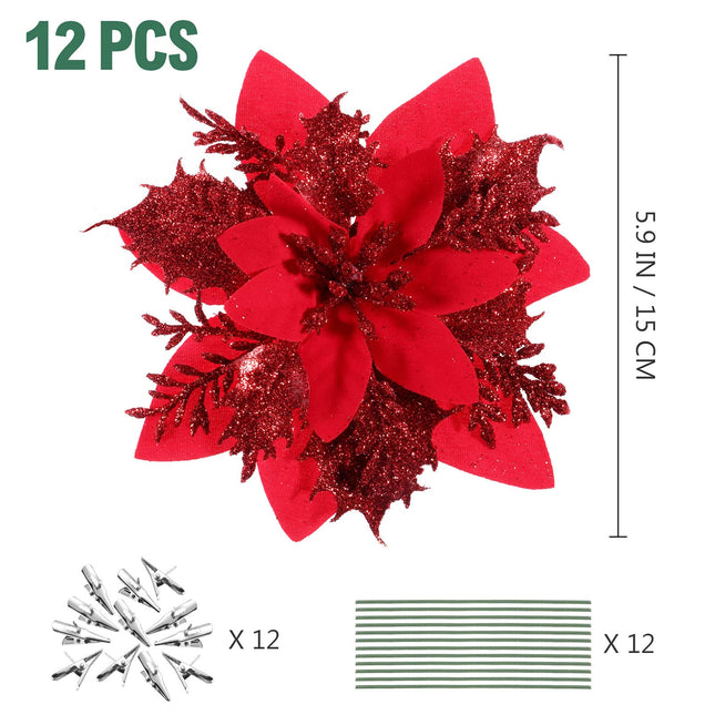 STOBOK Christmas Glitter Poinsettia Artificial Flowers12 Pack Christmas Tree Ornaments for Wreaths Garland Holiday Party, Xmas Decoration, Red 6 Inch (Red)