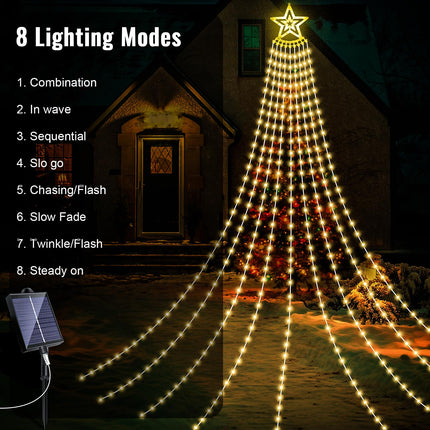 HELESIN Solar Outdoor Christmas Decorations Lights, 350LED Christmas Star Tree Light wth Remote Control, 8 Modes Waterfall Lights USB Charge for Holiday Xmas Tree Patio Yard Decor, Warm White