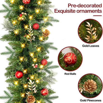 9FT Christmas Garland Prelit with Battery Operated 50 LED Lights, Artificial Xmas Greenery Garland Holiday Decoration Stairs Mantle Door Indoor Outdoor