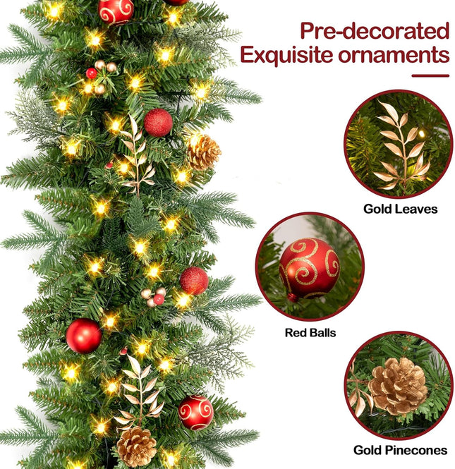 9FT Christmas Garland Prelit with Battery Operated 50 LED Lights, Artificial Xmas Greenery Garland Holiday Decoration Stairs Mantle Door Indoor Outdoor
