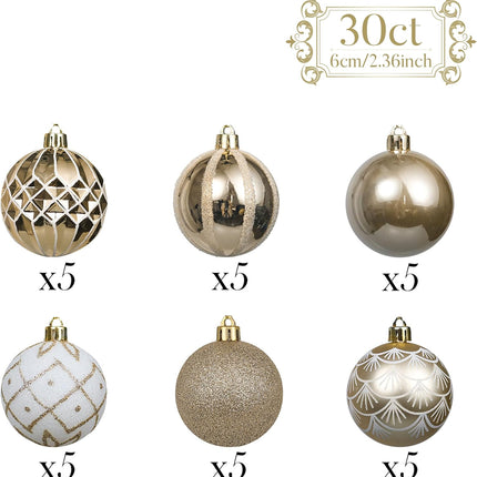 Valery Madelyn Christmas Ornaments Set, 30ct White and Gold Shatterproof Christmas Tree Decorations Ball Ornaments Bulk, 2.36 Inches Elegant Hanging Ornaments for Xmas Trees Holiday Decor