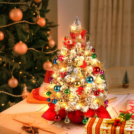2FT Mini Christmas Tree, Snow Flocked Artificial Christmas Tree, 100 Lifelike Branches, 60 LED Lights, 58 Ornaments, 24 Inches Tabletop Prelit Small Christmas Tree for Holiday Indoor DIY Decor