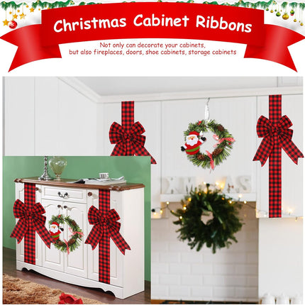 Ysleen 6 Pcs Christmas Cabinet Ribbon Bows Festive Large Xmas Bows and 4 Pcs Christmas Pine Wreath with Snowman Santa Claus Artificial Christmas Front Door Wreath for Christmas Party (Black and Red)
