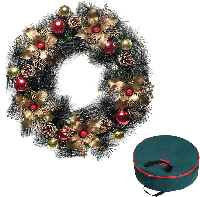 20'' Artificial Christmas Wreath with Storage Bag, Green Pine, Gold Red Ball, Pine Cones, Snowflake, Xmas Indoor Outdoor Decoration, Festive Winter Holiday Decor for Front Porch (20GOLD)