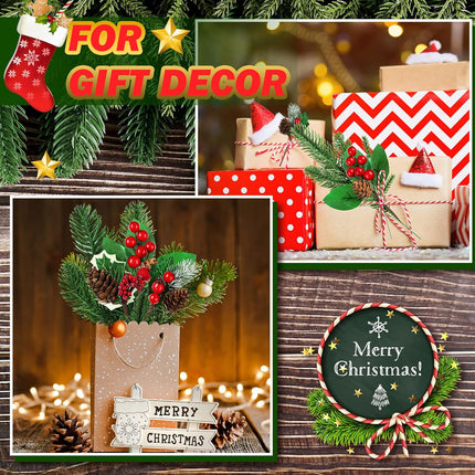 60 Pcs Christmas Artificial Green Pine Needles, Christmas Floral Picks Artificial Holly Red Berry Twig Stem Pine Snowy Cone Branches Garland Bulk for Xmas Tree Craft Holiday Winter (Charming Style)