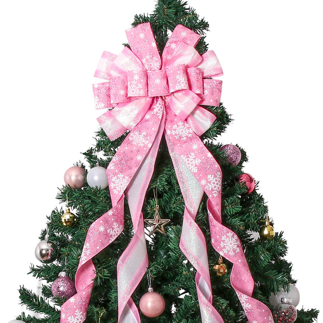 Christmas Tree Topper Christmas Wreath Bow, 52 13 inches Large Tree Toppers Bow with Snowflake Patterned for Xmas Tree Décor Christmas Home Indoor Outdoor Decoration Pink