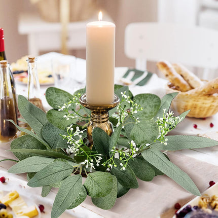 2Pcs Candle Rings, Artificial Eucalyptus Leaves Candle Wreaths for Pillar, Greenery Willow Leaves Gypsophila Candle Wreath for Wedding Centerpieces Home Party Table Decor (Green)