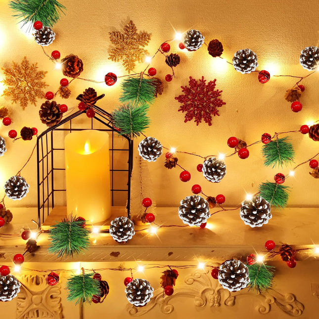 20 LED Christmas String Lights, 7 Ft Pinecone Christmas Garland with Warm White & Colorful String Lights Timer 12 Modes Battery Operated Pinecone Red Berry Bell Indoor Outdoor Party Xmas Decor