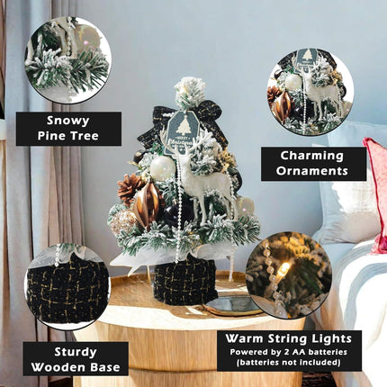 Small Christmas Tree Mini Tabletop Snowy Artificial Xmas Pine Trees with Wooden Base Decorative Ornaments Balls Festive DIY Desk Table Decoration Cute Warm Present (Black)