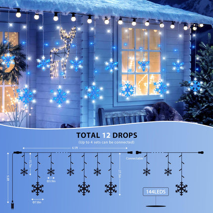 Christmas Snowflake Icicle Lights,6.5ft 144LED Curtain Lights with 12 Drops,Timer 8 Modes Connectable,Waterproof Fairy Light for Eaves, Garden, Indoor Outdoor Xmas Decoration (Blue White)
