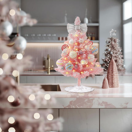Mini Pink Christmas Tree, 2ft Artificial Small Tabletop Christmas Tree, Table Top Christmas Tree with Bow, Ball Ornaments and White Tree Skirt DIY Christmas Decorations