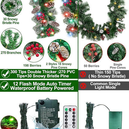 Remote Control - 9 Ft Prelit Christmas Garland 50 Color Lights Timer 8 Mode Thick 300 Branches 198 Red Berry 18 Pinecone Battery Operated Xmas Decor