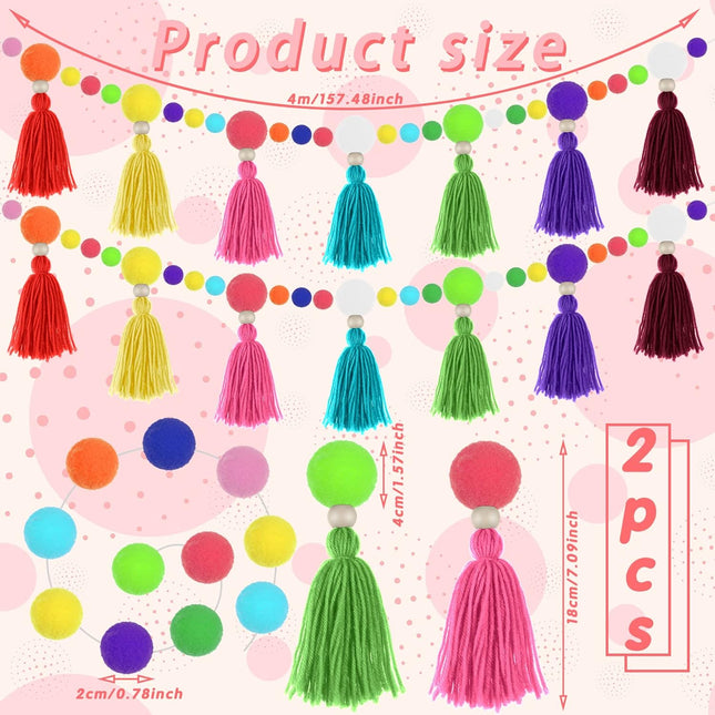 Rainbow Pom Pom Tassel Garland Banner Spring Colorful Pompom Wall Hanging Boho Tassel Garland Decor for Classroom Home Nursery Baby Shower Party Supplies(2 Pcs)