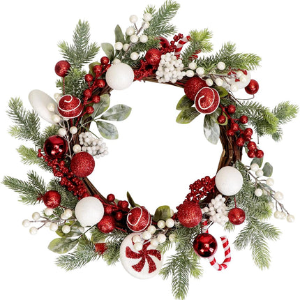 20-Inch Artificial Christmas Wreaths for Front Door Red Green White Winter Decorations with Xmas Baubles Ball Ornaments, Spiral Peppermint, Candy Canes, Holly Berries, Pine Greenery Branches (Candy)