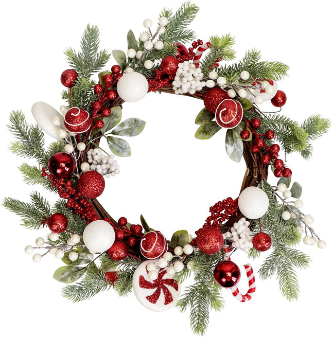 Christmas Wreath for Front Door,17.8'' Christmas Candy Wreath with Candy Cane,Lollipop,Berry and Fir Branch, Christmas Door Wreath for Xmas Holiday Home Decor (Red White)