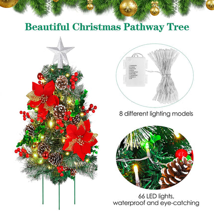 2 Pack 24.5 Inches Christmas Pathway Trees Outdoor Artificial Christmas Tree Urn Filler with 66 LED Lights Tree Topper Pine Cones Red Berries for Home Holiday Christmas Decor (White)