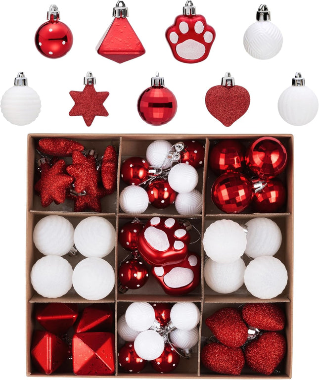 DecorbyHannah 45ct Christmas Ornaments Set, Shatterproof Mini Red White Christmas Ornaments for Tree Decorations, Small Decorative Pet Dog Theme Christmas Ball Ornaments for Home Party Decor