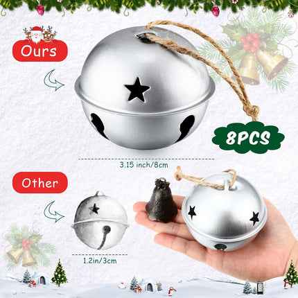 8 Pieces Christmas Bells Jumbo 3.15'' Christmas Star Cutouts Bells Xmas Bells Large Bells for Craft Bells Ornament Christmas Tree Decor, Silver