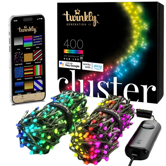 Twinkly Cluster 19.7ft RGB, Dense Strip of 400 LED Lights, in- and Outdoor Smart Multicolor LED Lights, Compatible Alexa and Google Home, Gaming Lights, IP44, App Mapping, Green Wire