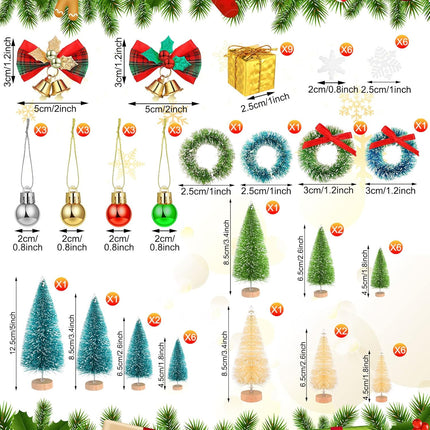 67 Pcs Miniature Sisal Frosted Christmas Trees Snowflake Bottle Brush Trees with Wood Base Mini Artificial Christmas Trees Set Tiny Christmas Balls Box Wreath for Christmas Home DIY Decor Crafts