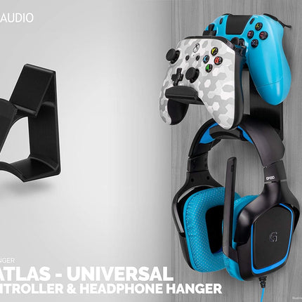 The UberAtlas Dual Game Controller & Headphone Stand Wall Mount Holder for Xbox ONE, Series X, PS5, PS4, PS3, Switch, STEELSERIES Gamepad & More, Stay Organized No Screws, by Brainwavz