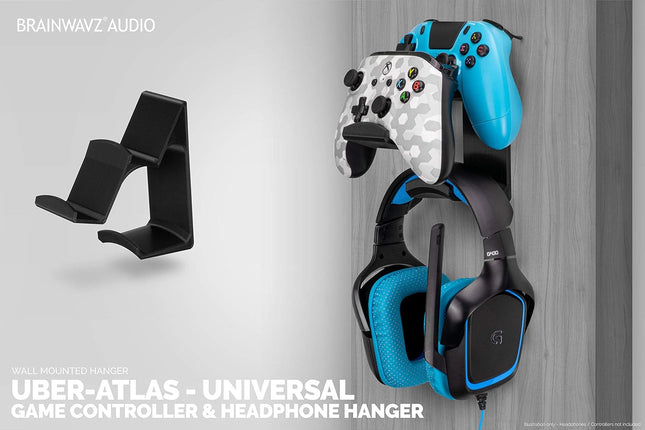 The UberAtlas Dual Game Controller & Headphone Stand Wall Mount Holder for Xbox ONE, Series X, PS5, PS4, PS3, Switch, STEELSERIES Gamepad & More, Stay Organized No Screws, by Brainwavz