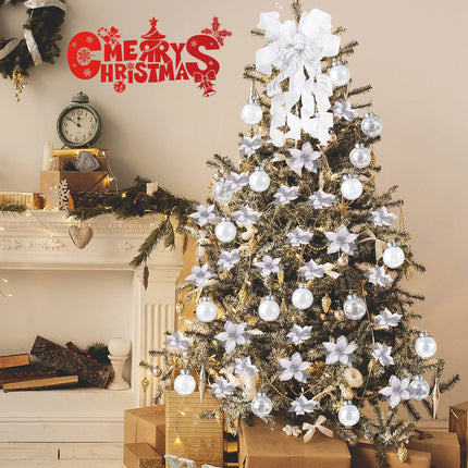 49 Pcs Silver Christmas Tree Decoration Set Christmas Tree Topper Bow 24 Pcs Christmas Glitter Artificial Poinsettia Flowers and 2.36 Inch Xmas Ball Ornaments for Xmas Party Holiday Decor