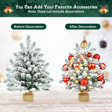 Small Christmas Tree, 20 inch Artificial Mini Christmas Tree with Lights, Snow Flocked Xmas Tree with Burlap Base, Table Top Desktop Christmas Tree for Home Office Christmas Holiday Decorations,Silver