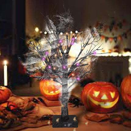 Dazzle Bright 20 Inch Orange & Purple Lighted Halloween Birches Tree Decor, 24 LED Battery Operated Halloween Decorations Artificial Black Spooky Tree with Timer for Indoor Home Holiday Xmas Party