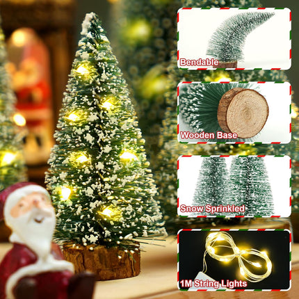 Small Christmas Tree with Lights, 4 Pcs Table Top Mini Christmas Tree with Wooden Bases, LED String Light Small Bottle Brush Pine Tree Decor for Xmas Holiday Party Home Indoor Christmas Decoration