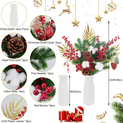 HUAESIN 17PCS Artificial Christmas Flowers in Vase Red Berry Picks Stems Faux Pine Branches with Pinecones for Christmas Holiday Xmas Home Season Decor Xmas Wreath DIY Craft