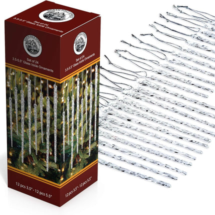 Twisted Clear Glass Icicle Christmas Ornaments for Christmas Trees - Set of 24 Icicles Christmas Tree Decorations - Christmas Tree Ornaments Perfect for White Or Silver Crystal Winter Frost Look