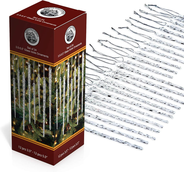 Twisted Clear Glass Icicle Christmas Ornaments for Christmas Trees - Set of 24 Icicles Christmas Tree Decorations - Christmas Tree Ornaments Perfect for White Or Silver Crystal Winter Frost Look