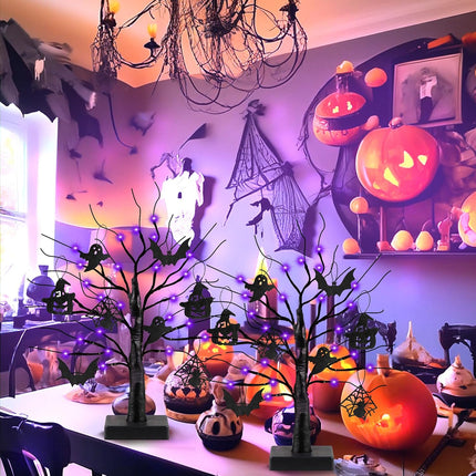 2 Pack 24 Inch Black Halloween Tree with 24 LED Purple Lights, Timer/USB/Battery Operated Halloween Table Decorations Lighted Tree, Cute Halloween Decorations Indoor Halloween Home Decor Party Room