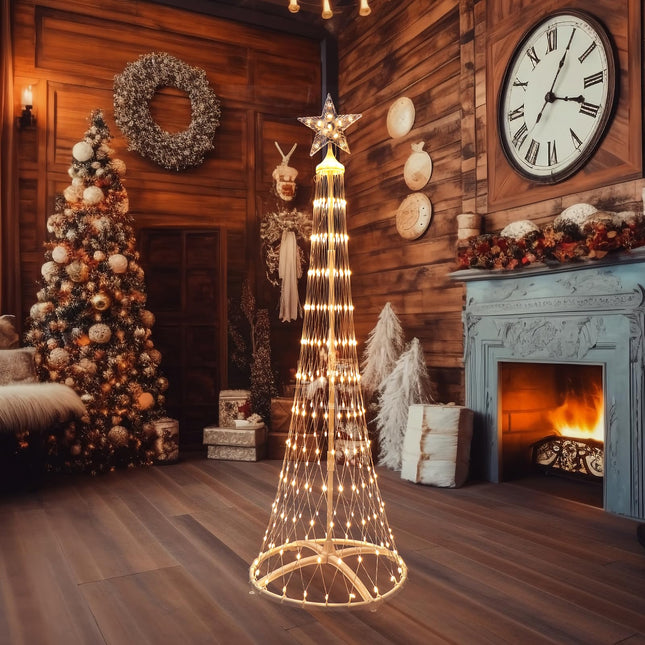 Fanshunlite Christmas Cone Tree Lights, LED Artificial Tree with 8 Modes Light Show, Decor for Porch Garden Patio Indoor Outdoor House Yard Xmas Decorations, 271 LED Warm White 5FT