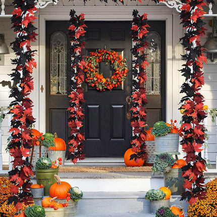 DearHouse 2 Pack Fall Garland Maple Leaf Clearance, 5.9Ft/Piece Halloween Maple Garland Black and Red Autumn Foliage Garland Halloween Decor for Home Fireplace Party (Black and Red)