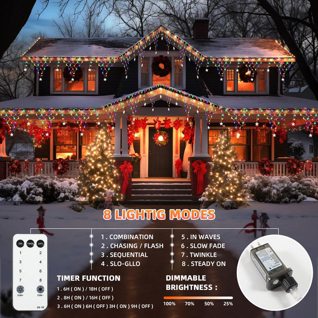 Christmas Net Lights,13.5ft 196 LED Waterproof Outdoor Christmas Decorations,8 Modes LED Net Lights with Remote,Dimmable Mesh Lights with 11 Stars for Outside Fence Christmas (Multi-Colored)